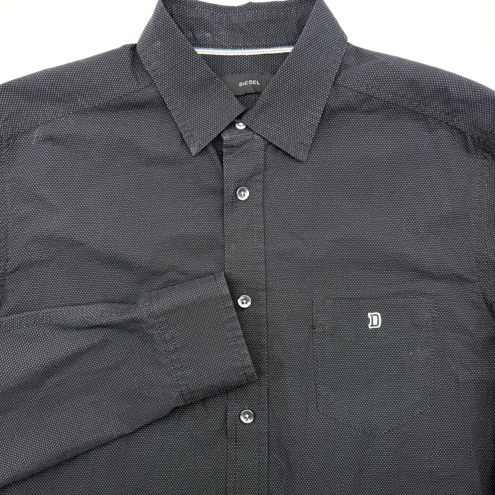 Diesel Button Down Shirt Mens S Black Micro Dot Long Sleeve Logo Pocket